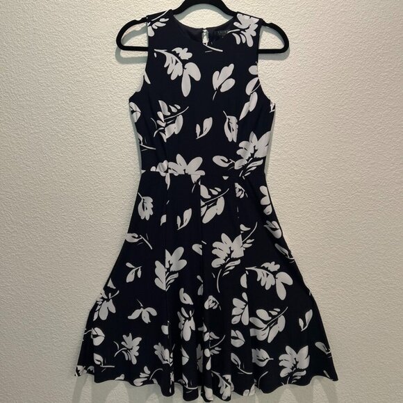 Lauren Ralph Lauren A Line Floral Cocktail Dress High Neck Black White Size 4 - Picture 1 of 10